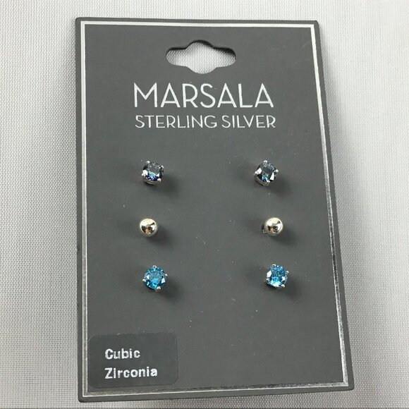 MARSALA Sterling Silver Earrings Set of 3 with Cubic Zirconias - Picture 1 of 3